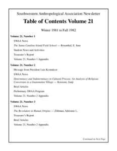 Southwestern Anthropological Association Newsletter  Table of Contents Volume 21 Winter 1981 to Fall 1982 Volume 21, Number 1 SWAA News