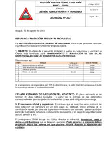 INSTITUCIÓN EDUCATIVA COLEGIO DE SAN SIMÓN IBAGUÉ - TOLIMA Proceso: GESTIÓN ADMINISTRATIVA Y FINANCIERA