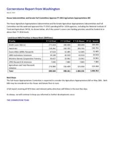 Cornerstone Report from Washington May 22, 2014 House Subcommittee and Senate Full Committee Approve FY 2015 Agriculture Appropriations Bill The House Agriculture Appropriations Subcommittee and the Senate Agriculture Ap