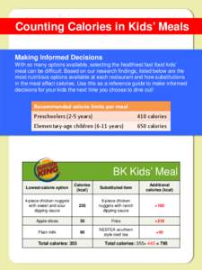 Counting Calories in Kids’ Meals Making Informed Decisions With so many options available, selecting the healthiest fast food kids’ meal can be difficult. Based on our research findings, listed below are the most nut
