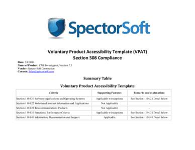 Voluntary Product Accessibility Template (VPAT) Section 508 Compliance Date: [removed]Name of Product: CNE Investigator, Version 7.5 Vendor: SpectorSoft Corporation Contact: [removed]