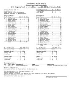 Soccer Box Score (Final) The Automated ScoreBook #16 Virginia Tech vs Iowa State (Aug 26, 2012 at Lincoln, Neb.) Virginia Tech[removed]vs. Iowa State[removed]Date: Aug 26, 2012 • Attendance: