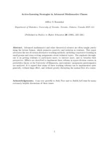 Active-Learning Strategies in Advanced Mathematics Classes  Jeffrey S. Rosenthal Department of Statistics, University of Toronto, Toronto, Ontario, Canada M5S 1A1  (Published in Studies in Higher Education), 223