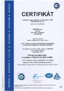 CERTIFIKAT Gertifikadni org6n sy.st6m0 managementu dTUV SUD Gzech s.r.o. potvrzuje, Ze spolednost  KOVAR a.s.