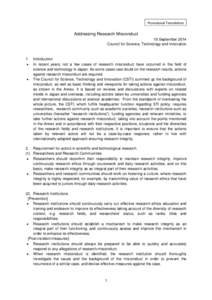 Provisional Translation  Addressing Research Misconduct 19 September 2014 Council for Science, Technology and Innovation