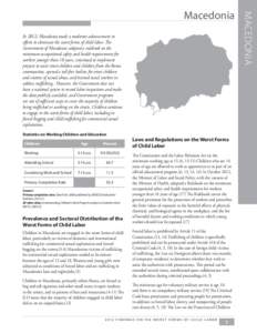 In 2012, Macedonia made a moderate advancement in efforts to eliminate the worst forms of child labor. The Government of Macedonia adopted a rulebook on the minimum occupational safety and health requirements for workers