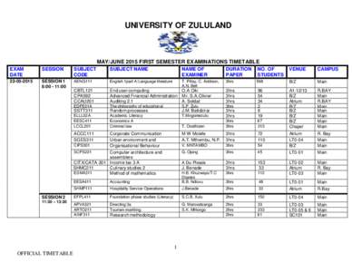 UNIVERSITY OF ZULULAND  MAY/JUNE 2015 FIRST SEMESTER EXAMINATIONS TIMETABLE EXAM DATE