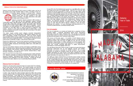Alabama’s Role in the Global Marketplace Alabama exports held steady for 2013 coming in at $19.3 billion, just shy of the all-time record high of $19.6 billion in 2012, according to the U.S. Department of Commerce figu