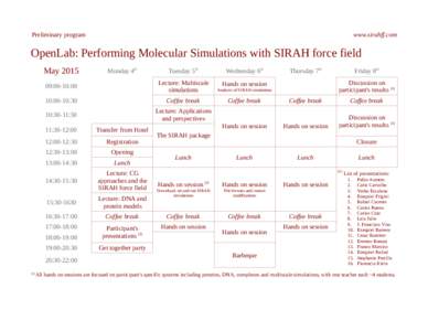 Preliminary program  www.sirahff.com OpenLab: Performing Molecular Simulations with SIRAH force field May 2015