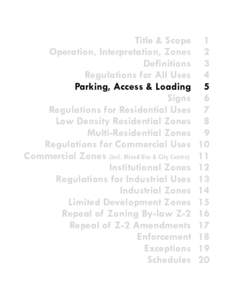 Title & Scope Operation, Interpretation, Zones Definitions Regulations for All Uses Parking, Access & Loading Signs