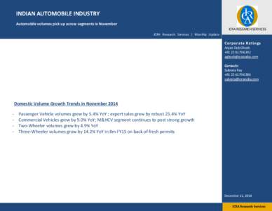 INDIAN AUTOMOBILE INDUSTRY Automobile volumes pick up across segments in November ICRA RESEARCH SERVICES ICRA Research Services | Monthly Update  Corporate Ratings