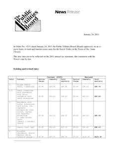 News Release  January 24, 2011 In Order No[removed]dated January 24, 2011 the Public Utilities Board (Board) approved, on an ex parte basis, revised and interim sewer rates for the Sewer Utility in the Town of Ste. Anne