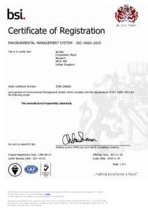 Certificate of Registration ENVIRONMENTAL MANAGEMENT SYSTEM - ISO 14001:2015 This is to certify that: Solutia Corporation Road