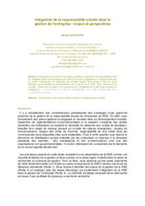 Intégration de la responsabilité sociale dans la gestion de l’entreprise : enjeux et perspectives Quynh-Liên DUONG Doctorante en Sciences de gestion, allocataire de recherche Institut de Gestion de Rennes - Universi