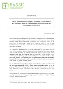 PRESS RELEASE EASSH position on the European Commission DG for Research and Innovation report on the integration of Social Sciences and