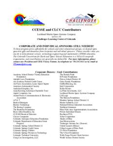 CCESSE and CLCC Contributors Lockheed Martin Space Systems Company Sponsors the Challenger Learning Center of Colorado