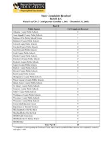 State Complaints Received Part B & C Fiscal Year 2012 –2nd Quarter (October 1, 2011 – December 31, 2011) Part B Public Agency