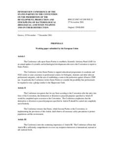 FIFTH REVIEW CONFERENCE OF THE STATES PARTIES TO THE CONVENTION ON THE PROHIBITION OF THE BWC/CONF.V/COW/WP.23 DEVELOPMENT, PRODUCTION AND 27 November 2001