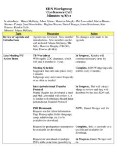 EDN Workgroup Conference Call Minutes[removed]In attendance: Maura McGarty, Adam Palmer, Maureen Murphy, Phil Lowenthal, Marisa Ramos, Shameer Poonja, Sam Householder, Meghan Weems, Daniel Wenger, Jenna Kirschman, Kate Pe