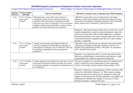 ARPANSA Regulatory Assessment of Replacement Reactor Construction Application 9 August 2001 Reactive Review Questions and Issues PSAR Chapter 12.3 Reactor Facility Design for Radiological Safety (continued) Question Sect