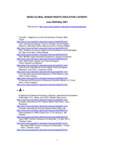 INDEX GLOBAL HUMAN RIGHTS EDUCATION LISTSERV June 2000-May 2001 Web archive: http://www.hrea.org/lists/hr-education/markup/maillist.php * 