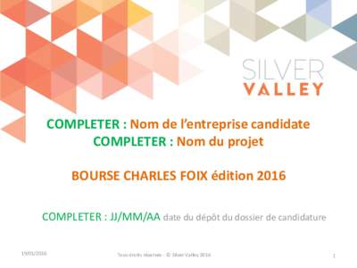 COMPLETER : Nom de l’entreprise candidate COMPLETER : Nom du projet BOURSE CHARLES FOIX édition 2016 COMPLETER : JJ/MM/AA date du dépôt du dossier de candidature