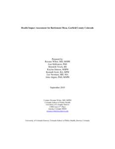 Health economics / Impact assessment / Health impact assessment / Human geography / Battlement Mesa / Air pollution / Risk assessment / Public health / Garfield County /  Colorado / Health / Geography of Colorado / Health promotion