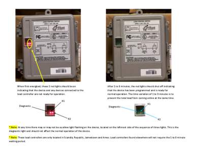 When first energized, these 2 red lights should be on indicating that the device and any devices connected to the load controller are not ready for operation. After 1 to 8 minutes, the red lights should shut off indicati