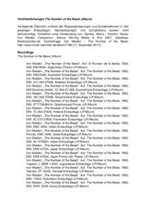 Veröffentlichungen The Number of the Beast (Album) Vorliegende Übersicht umfasst alle Regionalpressungen und Sondereditionen in den jeweiligen Erstauflagen. Nachpressungen und Compilations wurden nicht berücksichtigt.