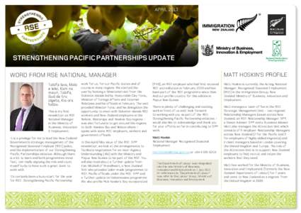 APRILSTRENGTHENING PACIFIC PARTNERSHIPS UPDATE Word from RSE National Manager Talofa lava, Malo e lelei, Kam na