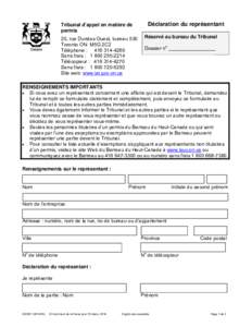 Déclaration du représentant  Tribunal d’appel en matière de permis 20, rue Dundas Ouest, bureau 530 Toronto ON M5G 2C2