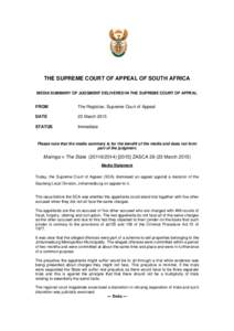 THE SUPREME COURT OF APPEAL OF SOUTH AFRICA MEDIA SUMMARY OF JUDGMENT DELIVERED IN THE SUPREME COURT OF APPEAL FROM  The Registrar, Supreme Court of Appeal