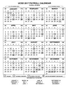 UCSD 2017 PAYROLL CALENDAR PAYROLL DIVISION NO. OF WORKING DAYS 22