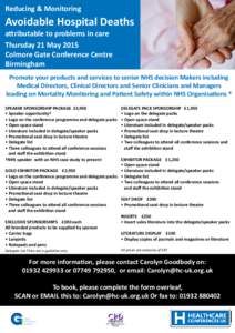 Reducing & Monitoring  Avoidable Hospital Deaths attributable to problems in care Thursday 21 May 2015 Colmore Gate Conference Centre