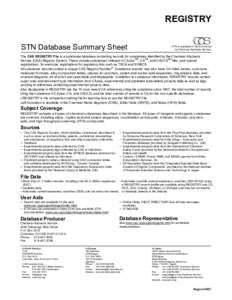 Chemical databases / Chemical Abstracts Service / CAS registry number / Chemical substance / Acid dissociation constant / Nucleic acid / Solubility / Search engine indexing / Fachinformationszentrum Karlsruhe / Chemistry / Science / American Chemical Society