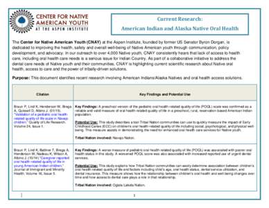 Current Research: American Indian and Alaska Native Oral Health The Center for Native American Youth (CNAY) at the Aspen Institute, founded by former US Senator Byron Dorgan, is dedicated to improving the health, safety 