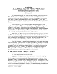 APPENDIX A  RALS, TAX FRAUD, AND FRINGE PREPARERS Chi Chi Wu, National Consumer Law Center Jean Ann Fox, Consumer Federation of America February 2009