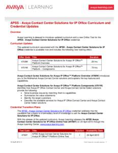 APSS - Avaya Contact Center Solutions for IP Office Curriculum and Credential Updates Overview Avaya Learning is pleased to introduce updated curriculum and a new Online Test for the APSS - Avaya Contact Center Solutions