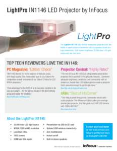 LightPro IN1146 LED Projector by InFocus  The LightPro IN1146 ultra-mobile widescreen projector turns the heads of expert projector reviewers with its paperback book size, high connectivity, 1000-lumen brightness, 30,000