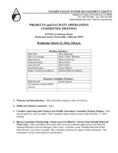 PAJARO VALLEY WATER MANAGEMENT AGENCY 36 BRENNAN STREET  WATSONVILLE, CATEL: FAX: email:   http://www.pvwter.org  PROJECTS and FACILITY OPERATIONS