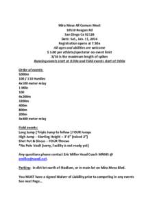 Mira Mesa All Comers Meet[removed]Reagan Rd San Diego Ca[removed]Date: Sat., Jan. 11, 2014 Registration opens at 7:30a All ages and abilities are welcome