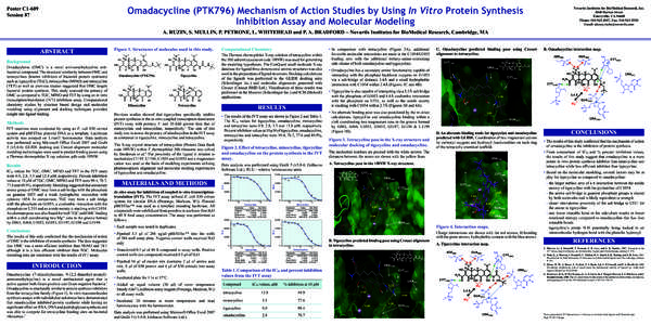 Omadacycline (PTK796) Mechanism of Action Studies by Using In Vitro Protein Synthesis Inhibition Assay and Molecular Modeling Poster C1-609 Session 87