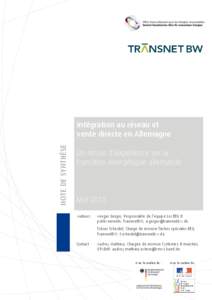 NOTE DE SYNTHÈSE  Intégration au réseau et vente directe en Allemagne Un retour d’expérience sur la transition énergétique allemande