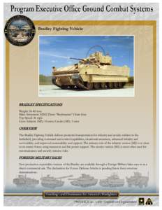 Bradley Fighting Vehicle  BRADLEY SPECIFICATIONS Weight: 36-40 tons Main Armament: M242 25mm “Bushmaster” Chain Gun Top Speed: 36 mph