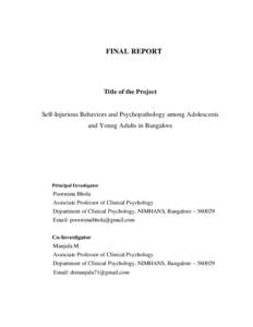 FINAL REPORT  Title of the Project Self-Injurious Behaviors and Psychopathology among Adolescents and Young Adults in Bangalore