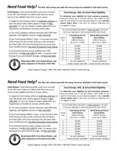 Need Food Help? This flier will connect you with the many resources available in Salt Lake County. Food Stamps: Food stamp benefits come once a month on an EBT card (similar to a debit card) that you use at stores to buy