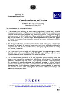 EN  COUCIL OF THE EUROPEA UIO  Council conclusions on Pakistan