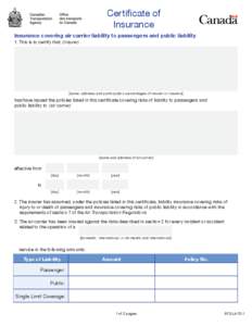 Certificate of Insurance Insurance covering air carrier liability to passengers and public liability 1. This is to certify that: (insurer)  [name, address and participation percentages of insurer or insurers]