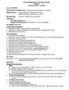 RURAL MUNICIPALITY OF SHELL RIVER AGENDA January 8, 2013 – 1:30 PM CALL TO ORDER ADOPTION OF AGENDA (res): Adopt agenda as presented or amended MINUTES (res):