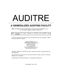 AUDITRE A GENERALIZED AUDITING FACILITY Note: All references to the Auditre version in this manual are indicated by vrs or v.r.s. The current release of Auditre is version[removed]Note: